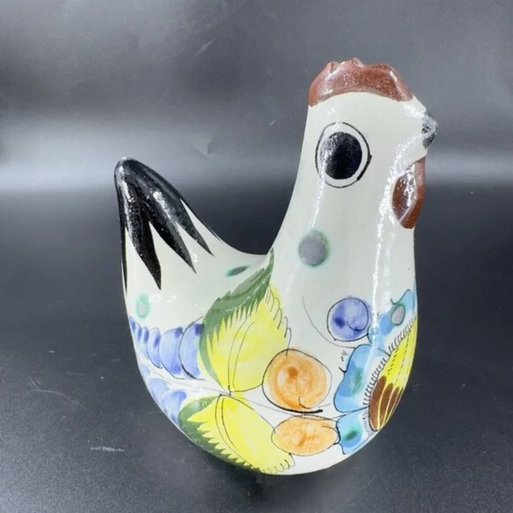 VTG Tonala Mexico Folk Art Pottery Chicken Rooster Hand Painted Figurine‎ Signed